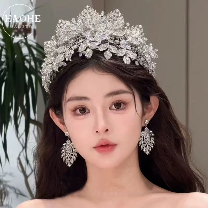新款重工超闪锆石立体花朵组合新娘耳环皇冠奢华婚纱婚礼跟妆头饰