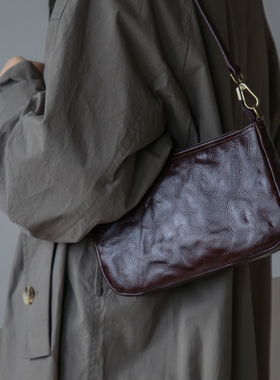 漫色手抓纹植鞣头层牛皮腋下麻将包女简约百搭真皮复古单肩斜挎包