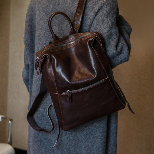 高油脂植鞣头层牛皮女款双肩背包