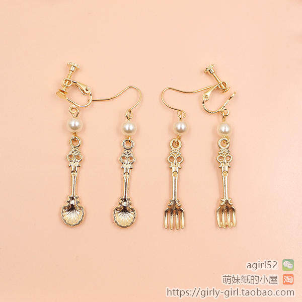 甜美软妹Lolita甜品蛋糕叉子勺子餐具茶会耳环耳钩