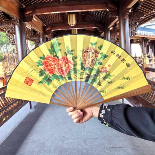 中国风头青竹节10寸男扇绢布复古