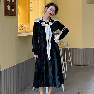 七月伊萨尔 法式复古原创自制小黑裙丝绒连衣裙秋冬