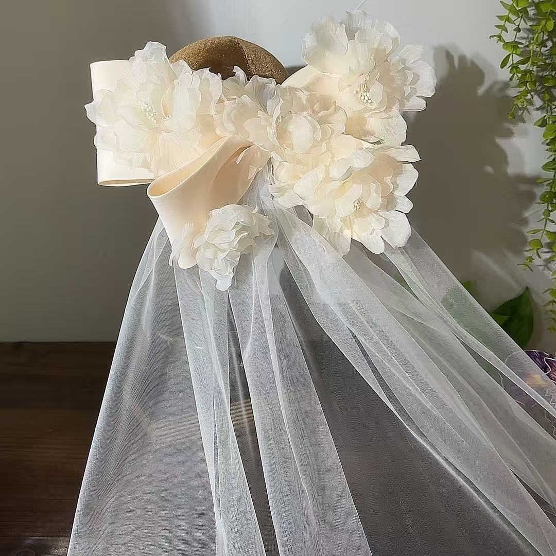 甜美香槟色断面大蝴蝶结绢纱花朵头纱新娘结婚头饰跟妆领证配饰