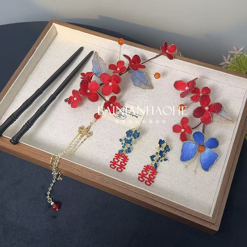 新中式国风发饰新娘头饰红色绒花流苏发夹结婚礼服旗袍秀禾服配饰