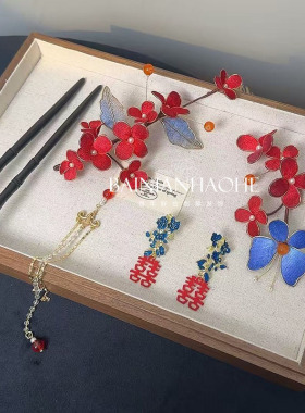 新中式国风红色绒花流苏发夹套装