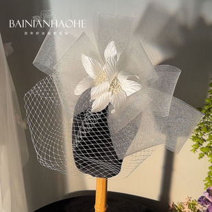 法式 超仙手工白色花朵网纱发夹面纱新娘复古头纱婚纱旅拍配饰 新品