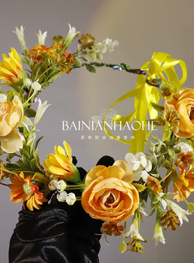 原创森系油画风橙色花朵新娘头饰花环影楼写真伴娘旅拍女童配饰品