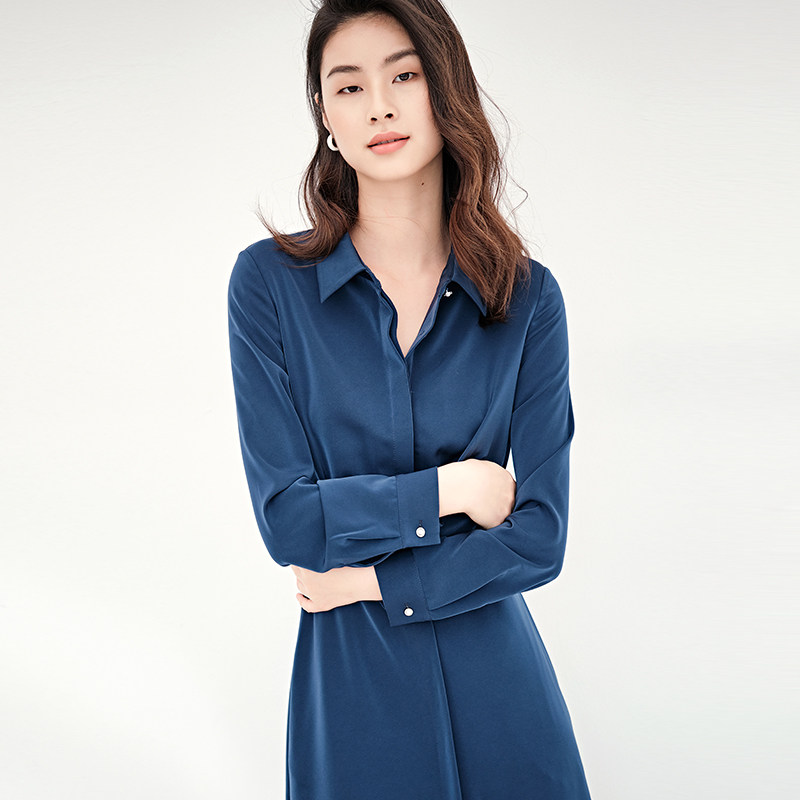 精准朔腰身蓝色裙子女秋冬配大衣内搭打底长袖连衣裙秋装2020新款