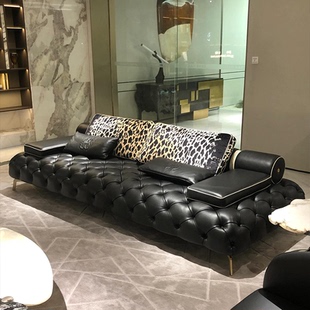 意式轻奢roberto cavalli豹纹真皮沙发设计师罗伯特真皮拉扣沙发