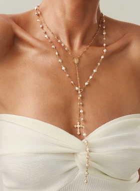 2件套金属混搭仿珍珠链项链套装欧美时尚性感Y形长坠搭配礼服饰品