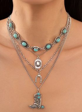 4件套牛仔帽靴子项链套装 欧美复古潮流嘻哈时尚旅行拍照配饰品