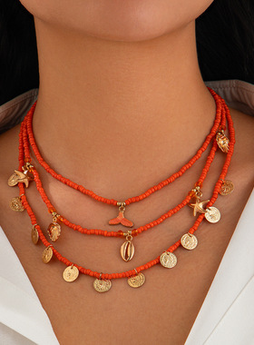 3件套扇贝米珠项链套装 欧美新潮嘻哈时尚海边旅行度假配锁骨链