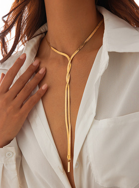 长坠编织扁蛇骨链流苏项链女欧美新潮性感时尚网红搭配服装锁骨链