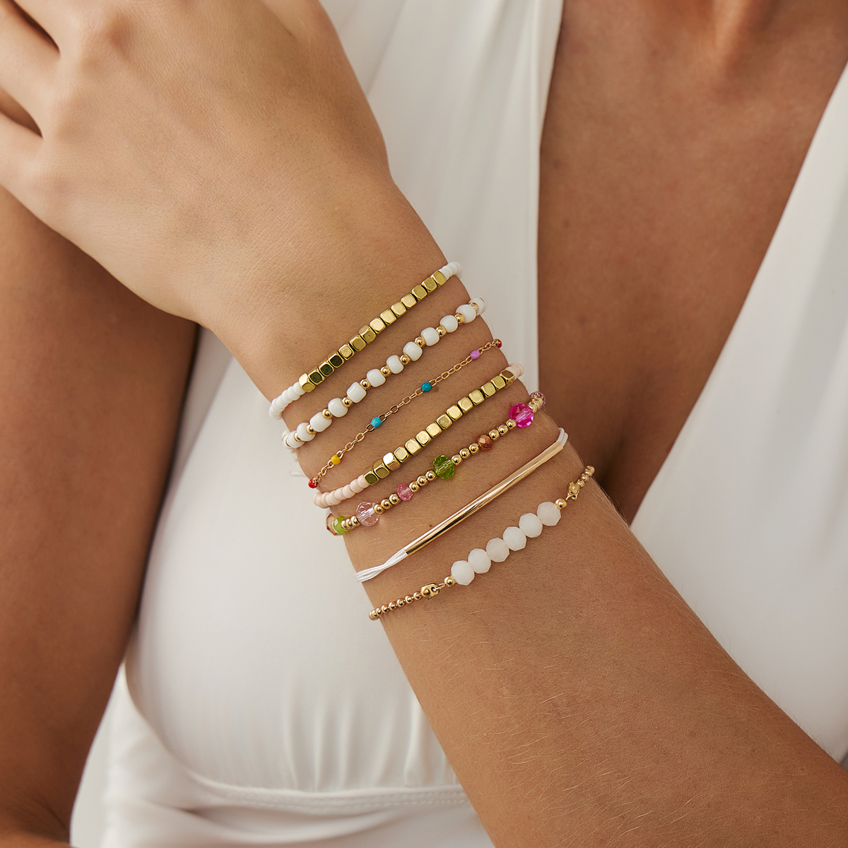 7件套水晶米珠可调节手链套装 欧美时尚可爱百搭街拍旅行配饰品潮