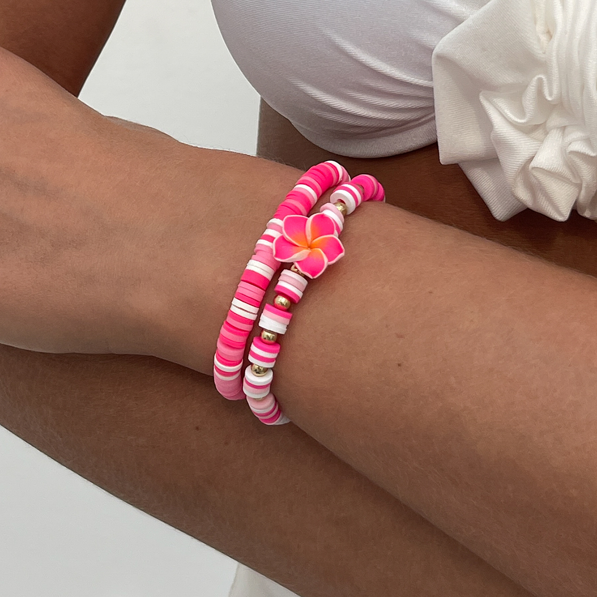 2件套鸡蛋花CCB珠软陶手链套装 2025冬季甜美百搭气质弹力手饰品