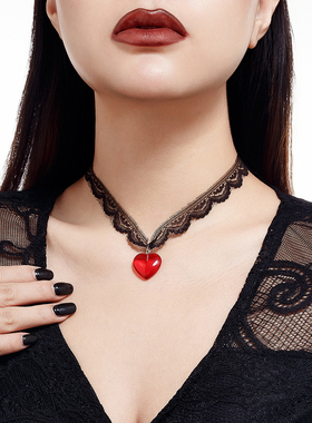 红色桃心黑色蕾丝项链女 欧美优雅性感女神气质锁骨链潮人配饰品