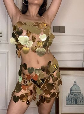 欧美跨境派对朋克比基尼性感衣饰胸链辣妹手工爱心背心亮片身体链