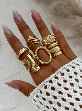 6件套金属褶皱镂空戒指套装 2025冬季新潮时尚个性欧范嘻哈饰品酷