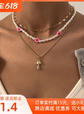 椭圆珍珠花朵米珠套装项链女夏设计感2022新款小众蘑菇吊坠锁骨链