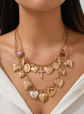 2件套天使镶钻桃心十字架项链套装 嘻哈时尚网红旅拍叠戴锁骨链潮