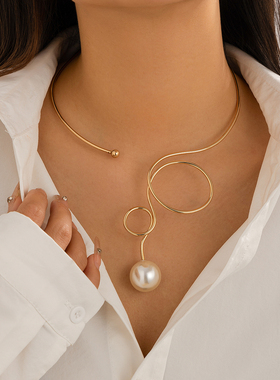 仿珍珠吊坠几何绕圈金属项圈女个性时尚设计网红旅拍写真拍照饰品