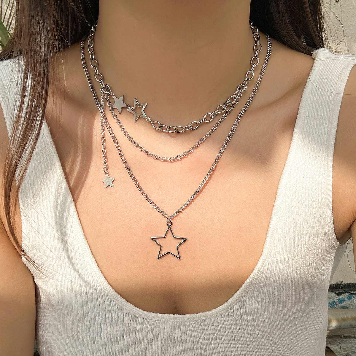 2件套五角星不对称仿珍珠十字链项链套装 新奇时尚个性双层锁骨链