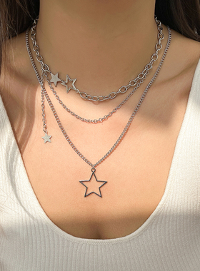 2件套五角星不对称仿珍珠十字链项链套装 新奇时尚个性双层锁骨链