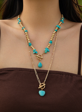 2件套OT扣桃心仿松石CCB项链套装 复古个性小众设计叠戴锁骨链潮