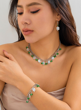 绿色水晶叶子吊坠耳环项链套