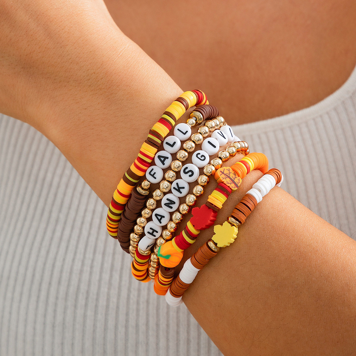 感恩节字母软陶手链套装 欧美潮个性小众设计亚克力串珠bracelet