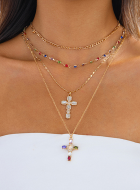 4件套十字架水晶项链套装 欧美2025夏季嘻哈时尚潮流叠戴锁骨链酷