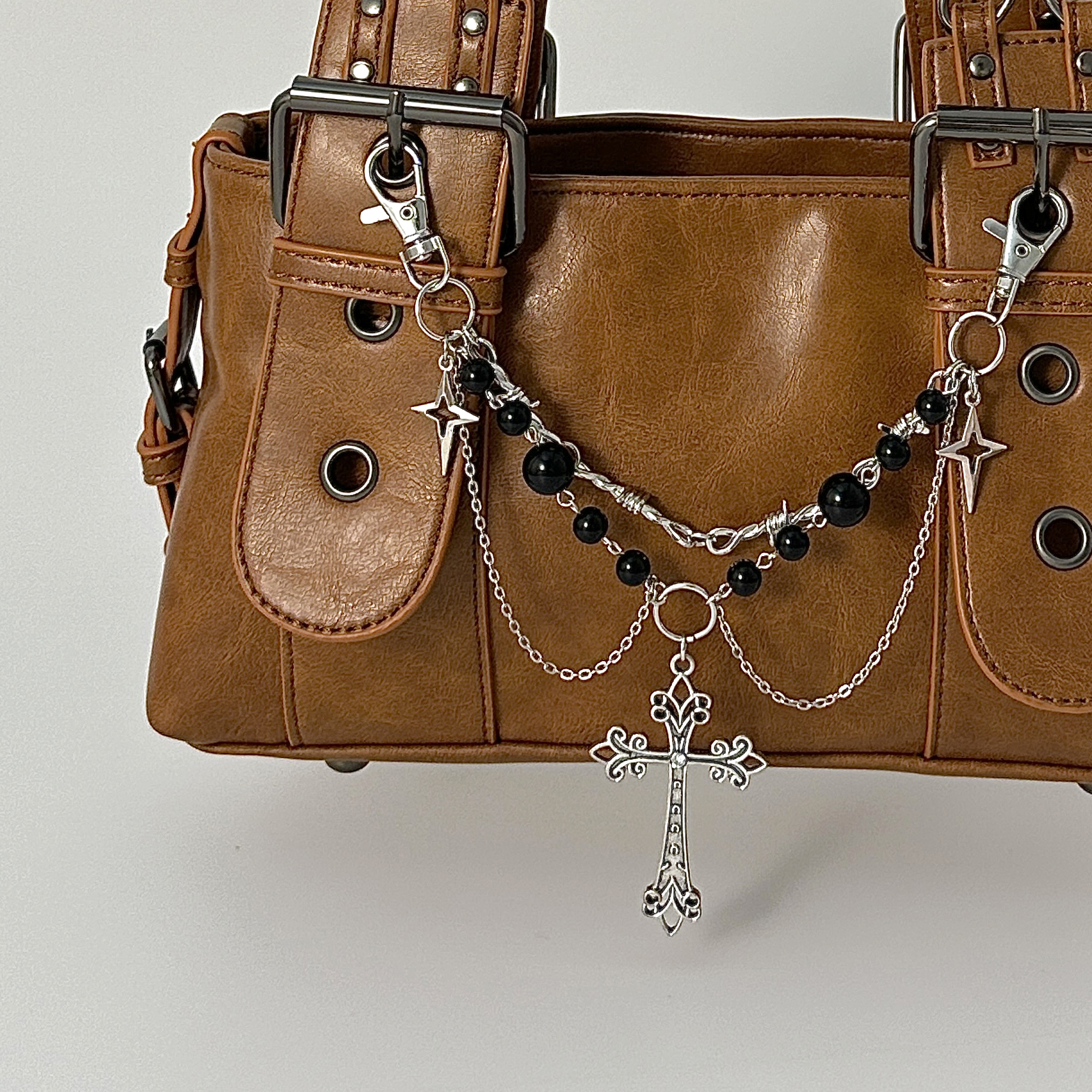 四角星十字架吊坠多层流苏包包链 欧美2026时尚个性百搭手工饰品