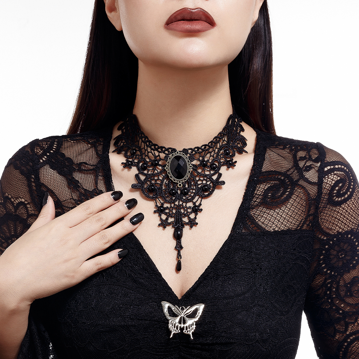 黑红色宝石花边蕾丝项链女 夸张时尚网红杂志写真拍照锁骨链饰品