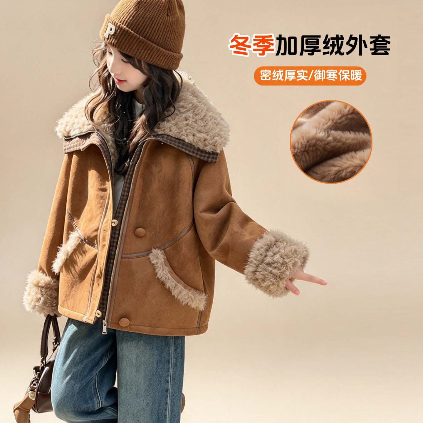 女童加绒外套皮毛一体加厚保暖冬季女孩鹿皮绒儿童洋气仿皮草上衣