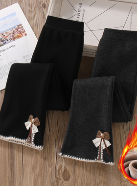 女童加绒裤子秋冬季韩系洋气打底裤外穿中大童黑灰色一体绒喇叭裤