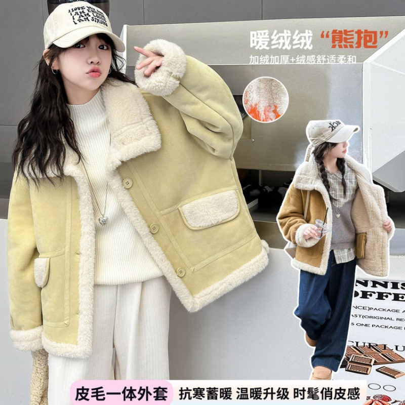 女童皮毛一体外套冬加绒保暖上衣