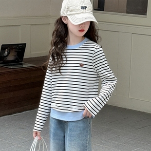 女童条纹打底衫春秋超好看假两件小女孩洋气长袖T恤儿童韩系上衣