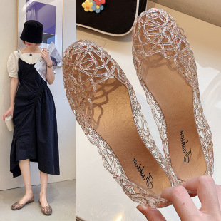 凉鞋女夏季镂空洞洞鞋平底水晶塑胶果冻鞋网状外贸泰国印度东南亚