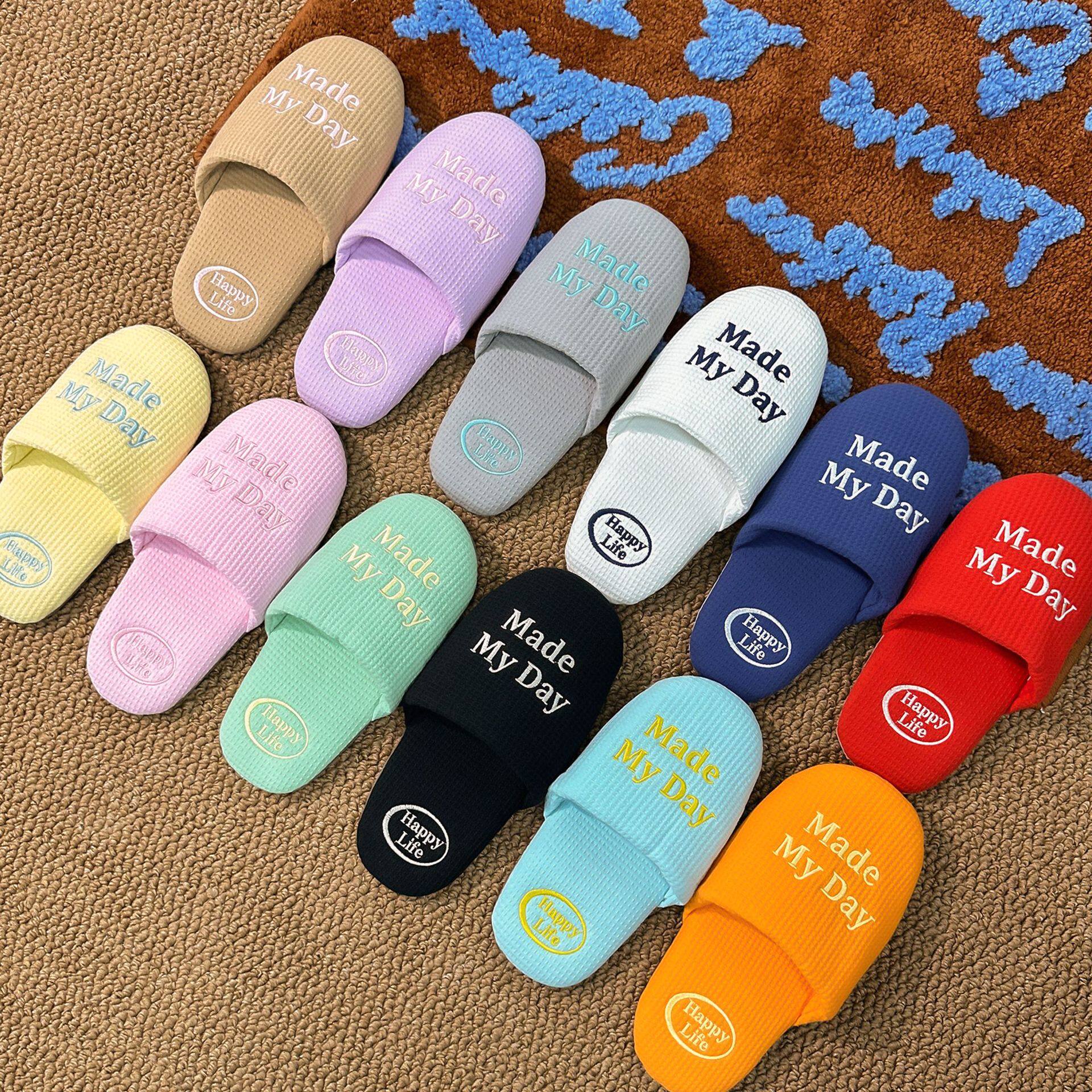 时尚ins风韩式家居拖鞋刺绣棉拖鞋静音高级感轻便情侣