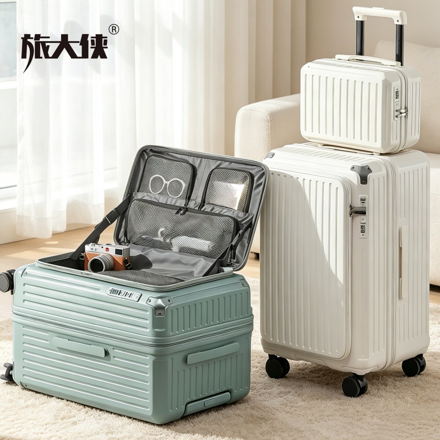 侧开盖扩容深舱多功能子母行李箱图片