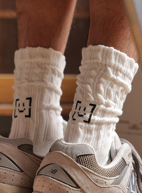精梳棉潮流男袜皱褶堆堆袜青少年秋冬白色高帮长袜潮牌运动中筒袜