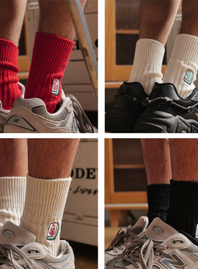 秋冬季加厚款粗线红色袜子男女情侣本命年新年麻将袜潮牌中筒红袜
