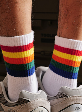 彩色条纹中筒袜男款秋冬季加厚保暖毛巾底运动棉袜青少年潮袜长袜