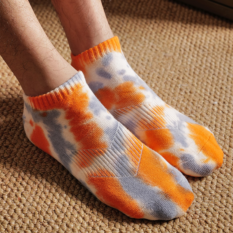 【加厚毛巾底】扎染涂鸦低帮短袜男生橘色船袜秋冬季保暖潮流棉袜