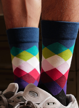 艺术生彩色糖果色菱形中筒袜男款潮流个性小众高帮长袜欧美潮袜棉