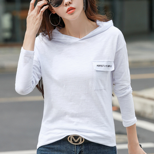 RM23821#纯棉竹节棉宽松大码胖mm连帽长袖T恤大码女装打底衫潮