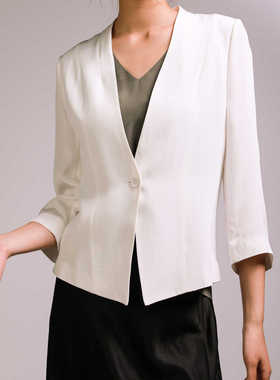 西装外套无领新款时尚桑蚕丝高ji感修身上衣收腰百搭开衫PR
