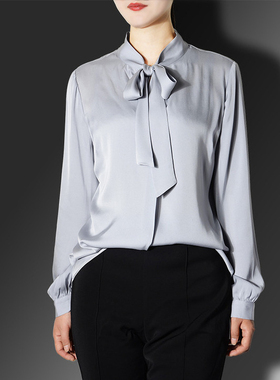 春款 春秋重磅飘带领纯色长袖精英律师真丝衬衫女 桑蚕丝长袖