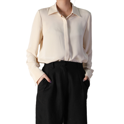 2026新款重磅重绉桑蚕丝奶茶色长袖翻领百搭女士衬衫CS2614