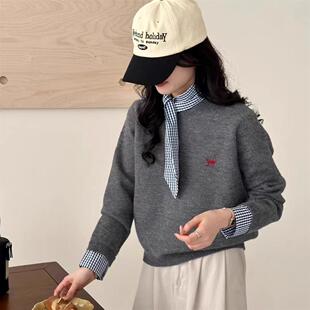 韩系圆领小猫刺绣格子拼接假两件毛衣女2024秋冬款丝巾气质针织衫